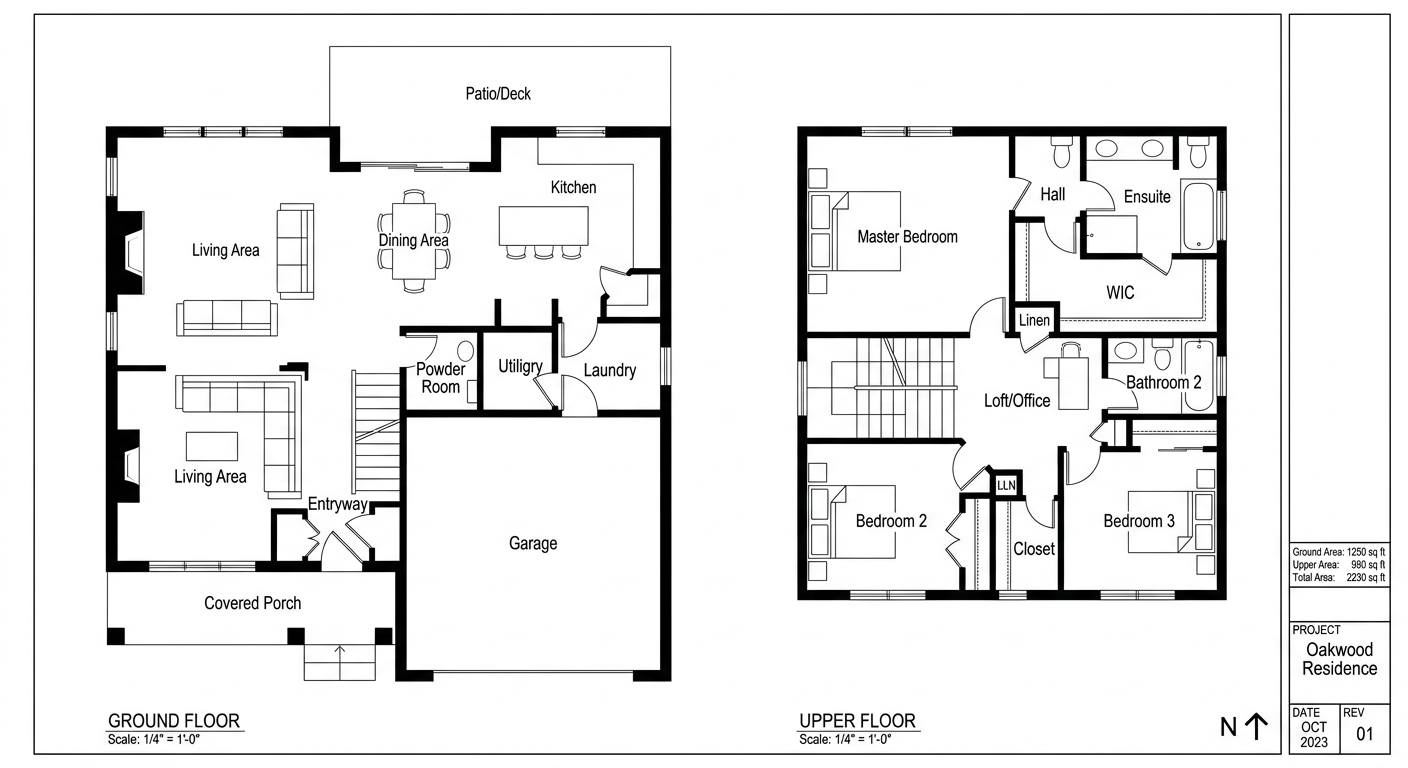 Two-storey residential floor plan, ground and upper floor