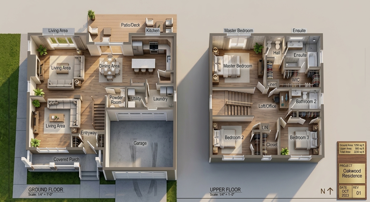 Rendered 3D floor plan of both storeys